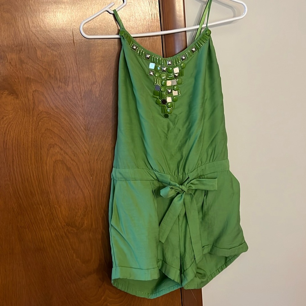 Green BCBG MAX AZRIA Beaded Aztec X-Back Romper.